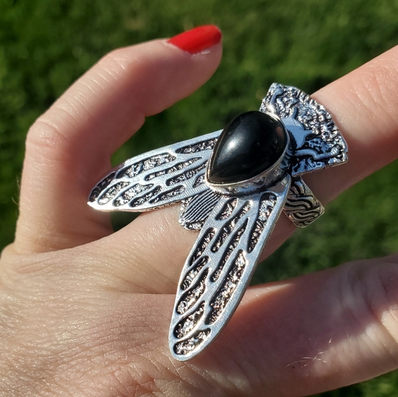 New Black Onyx Flying Insect Silver Ring. - Picture 5 of 15